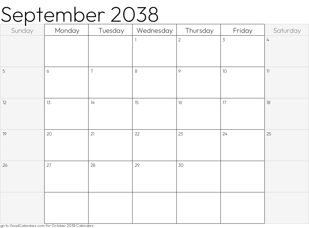 Shaded Weekends September 2038 Calendar Template in Landscape