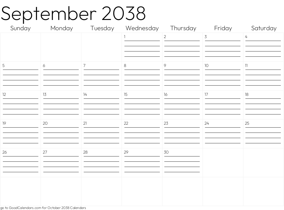 Lined September 2038 Calendar Template in Landscape