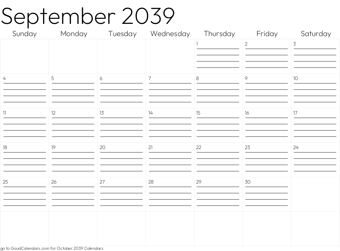 Lined September 2039 Calendar Template in Landscape